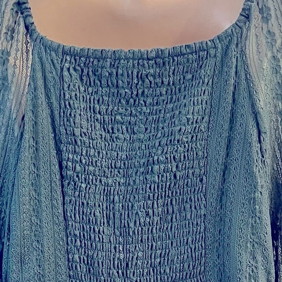 EUC! LC Lauren Conrad Teal Lace puffy sleeve Smocked Peplum Blouse XL - Picture 10 of 15